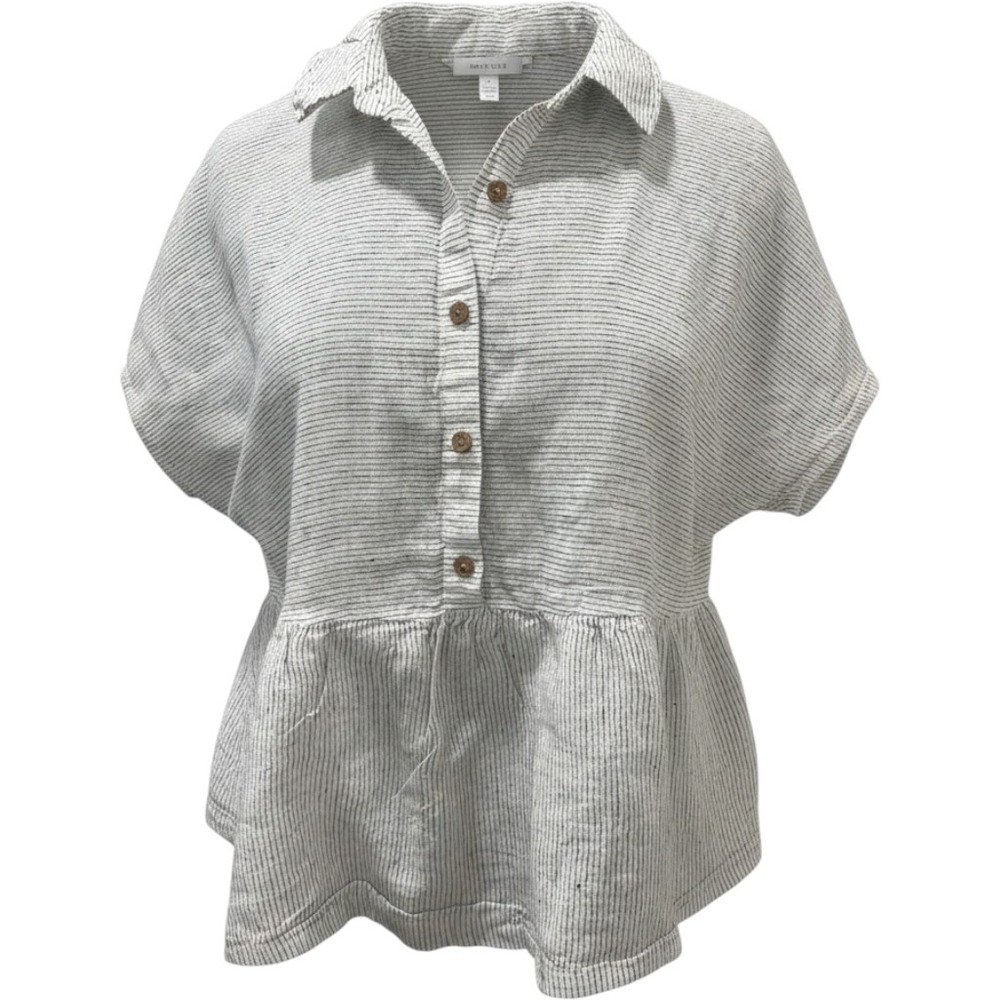 Catherine Malandrino Linen Pinstripe Peplum Top White Black Button Front Large